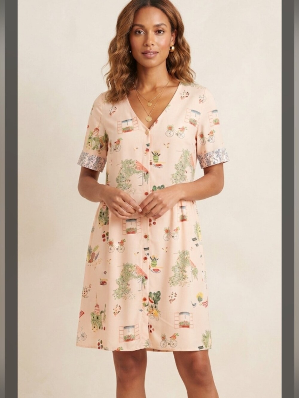 Des Petits Hauts Blush Pink Country Village Bicycle Print Dress Size XS